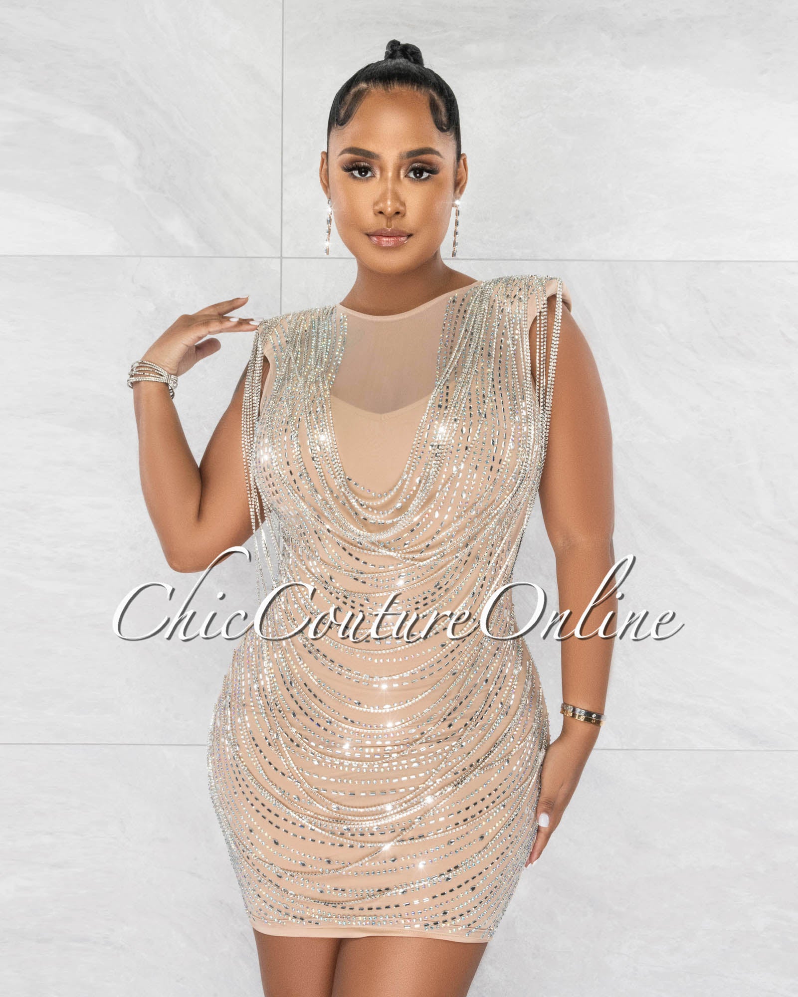 *Clarence Nude Silver Rhinestones Mesh Mini Dress