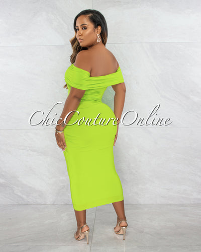 Belkis Neon Lime Ruched Off-The-Shoulder Midi Dress