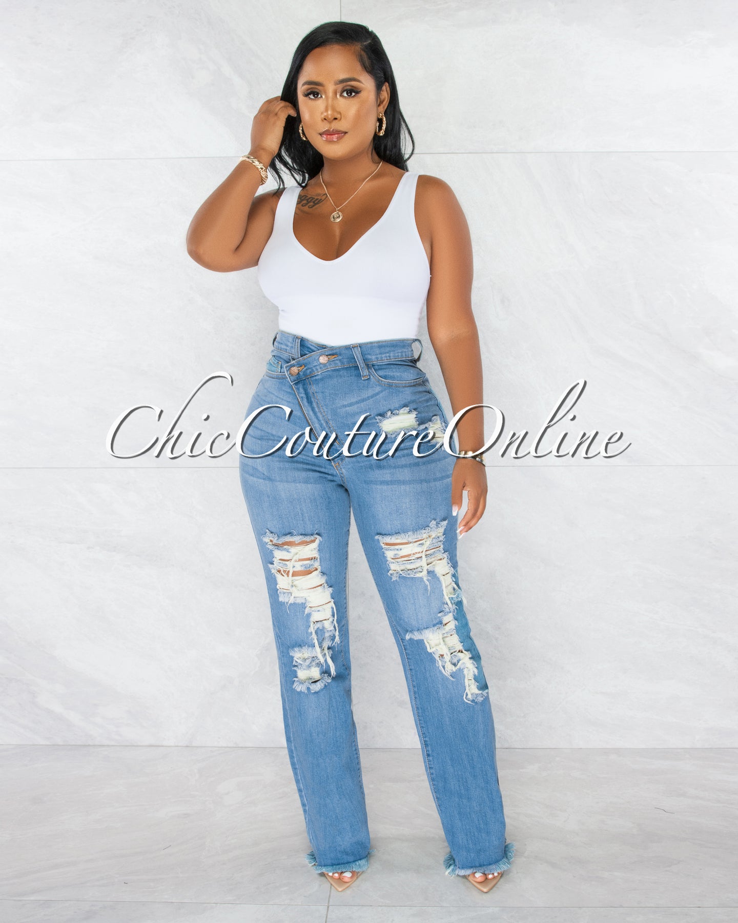 *Herra Medium Blue Denim Destroyed Boyfriend Jeans
