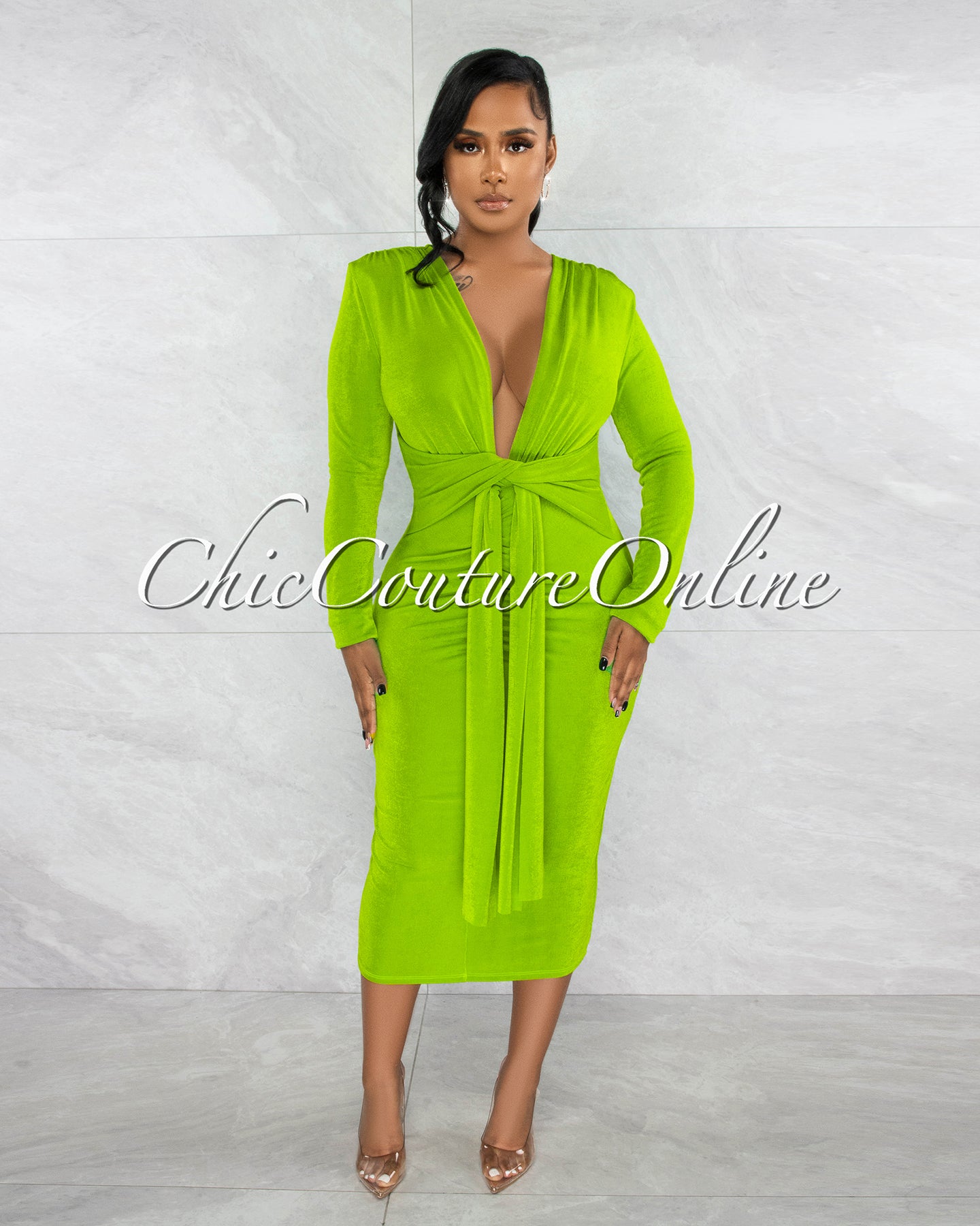 *Inez Green Deep V Neckline Draped Midi Dress