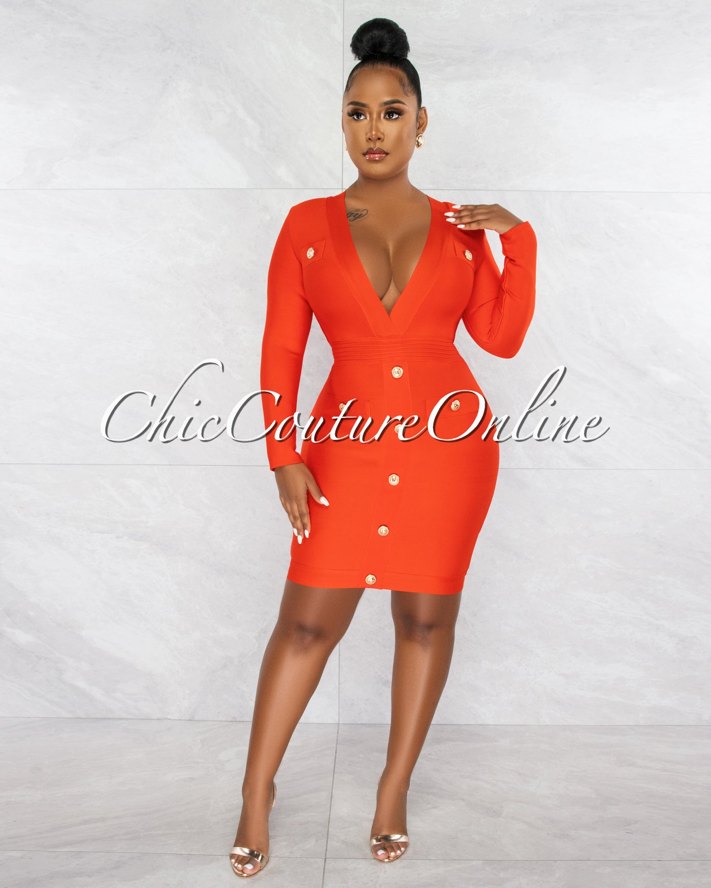 Omega Red Gold Buttons Décor Bandage Dress