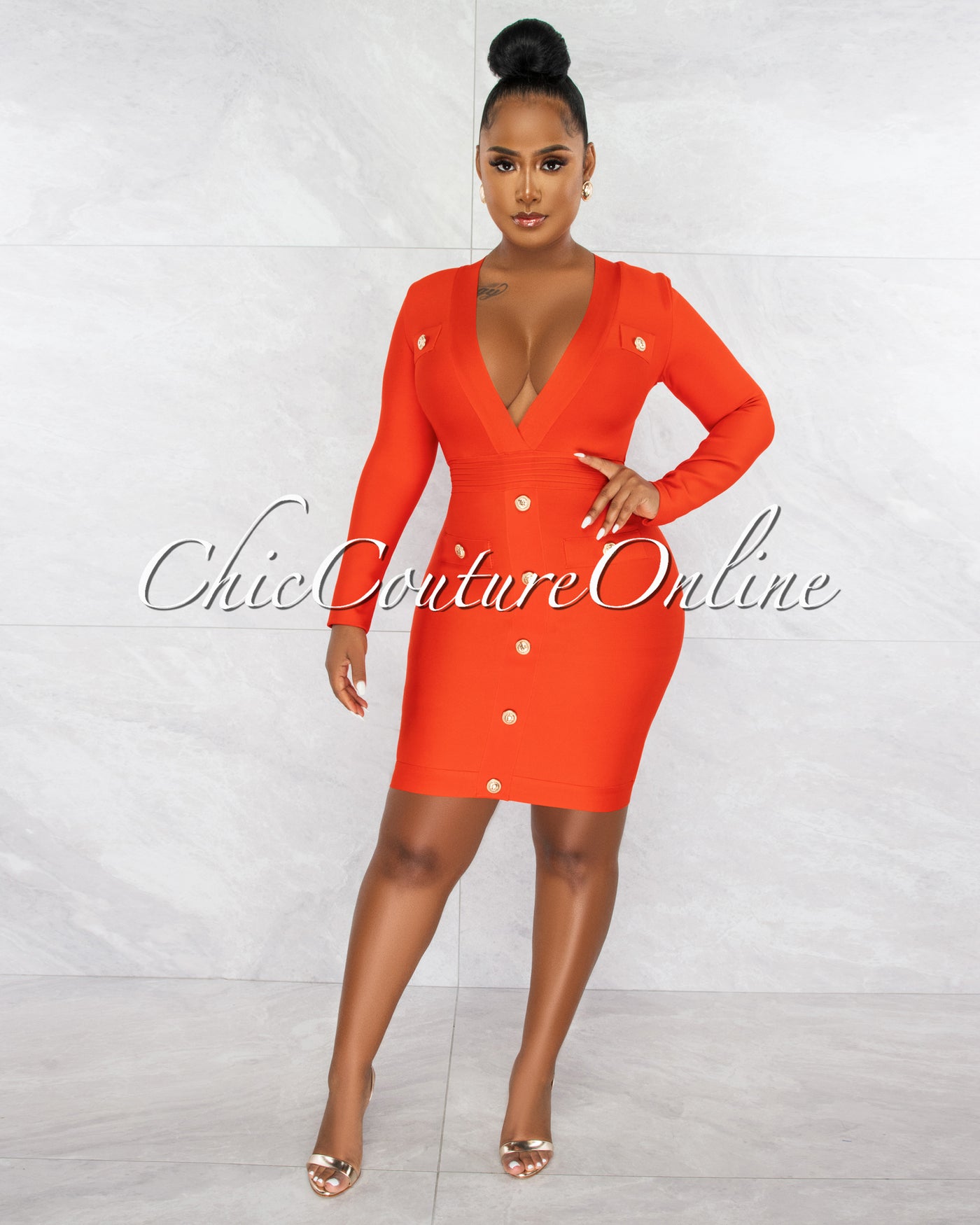 Omega Red Gold Buttons Décor Bandage Dress