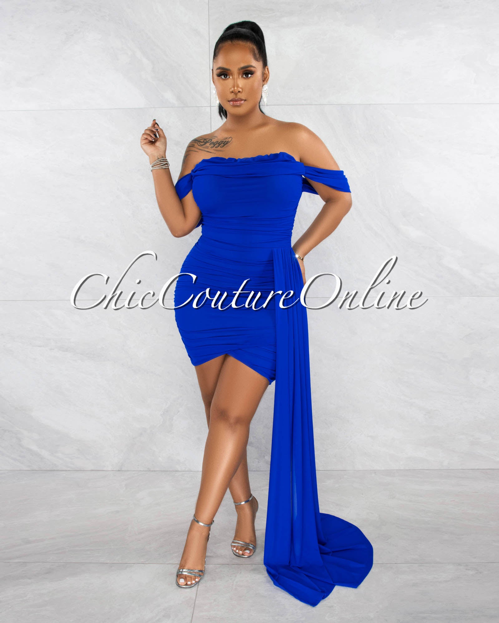 *Cammy Royal Blue Ruched Mesh Off-The Shoulders Train Dress