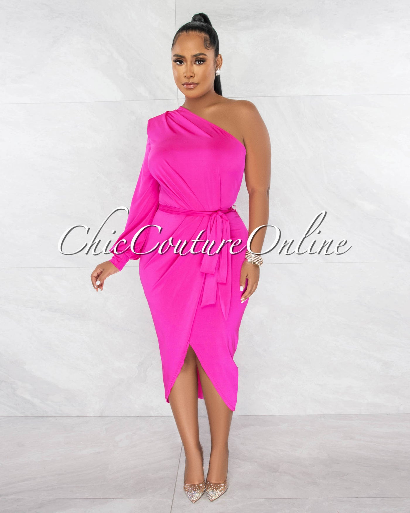 *Jiselle Hot Pink Single Long Sleeve Midi Dress