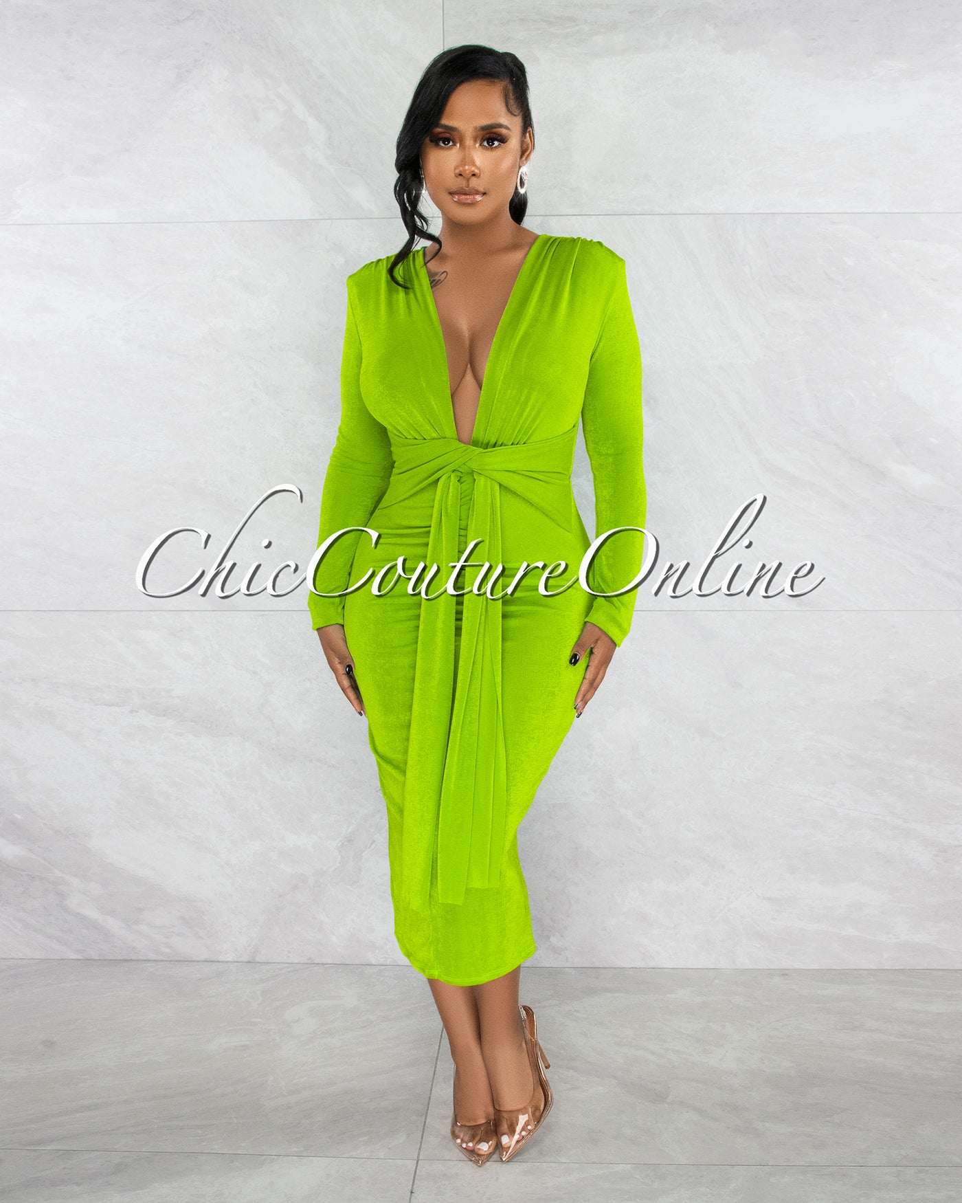 Inez Green Deep V Neckline Draped Midi Dress