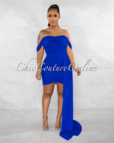 Cammy Royal Blue Ruched Mesh Off-The Shoulders Train Dress