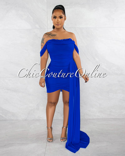 *Cammy Royal Blue Ruched Mesh Off-The Shoulders Train Dress