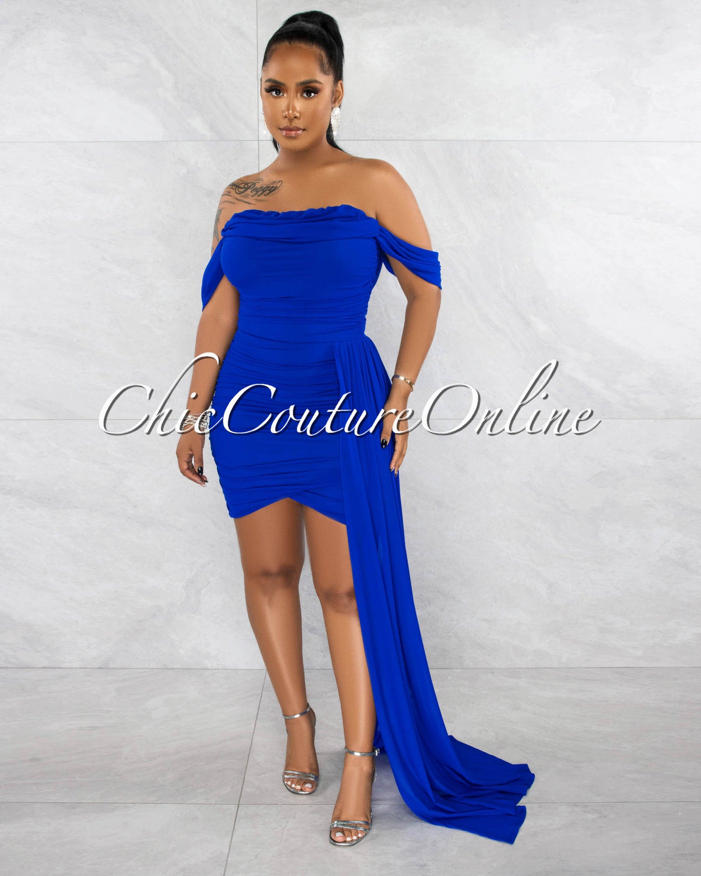 Cammy Royal Blue Ruched Mesh Off-The Shoulders Train Dress