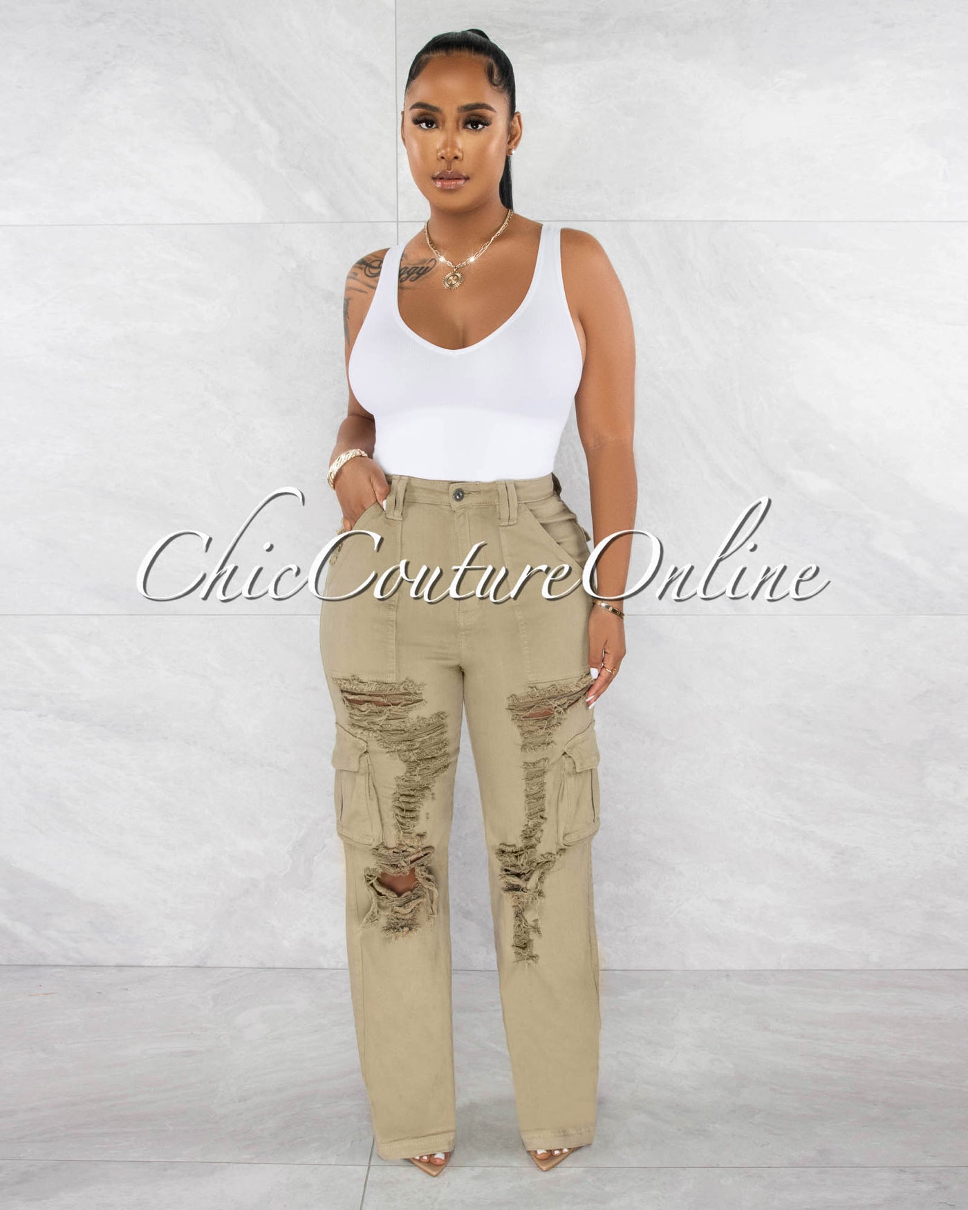Reiko Olive Green Cargo Mom Distressed Jeans