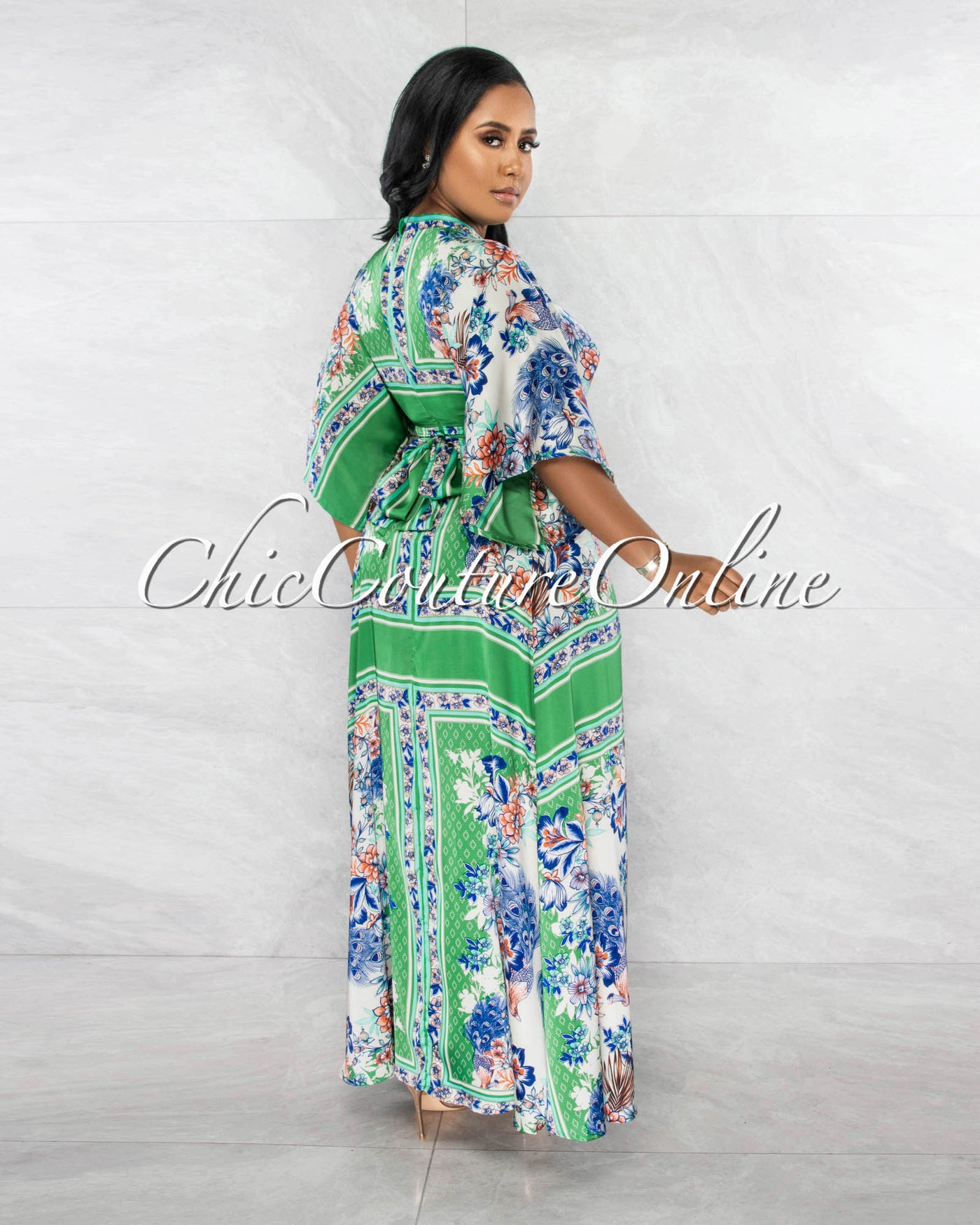 *Amabella Green Print Front Tie Kimono Maxi Silky Dress