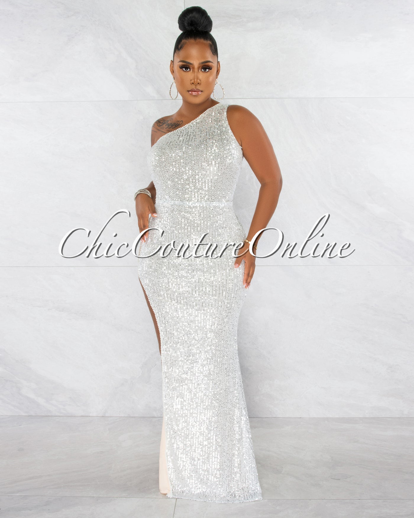*Trinity Nude Silver Sequins Pearl Mesh Side Maxi Dress