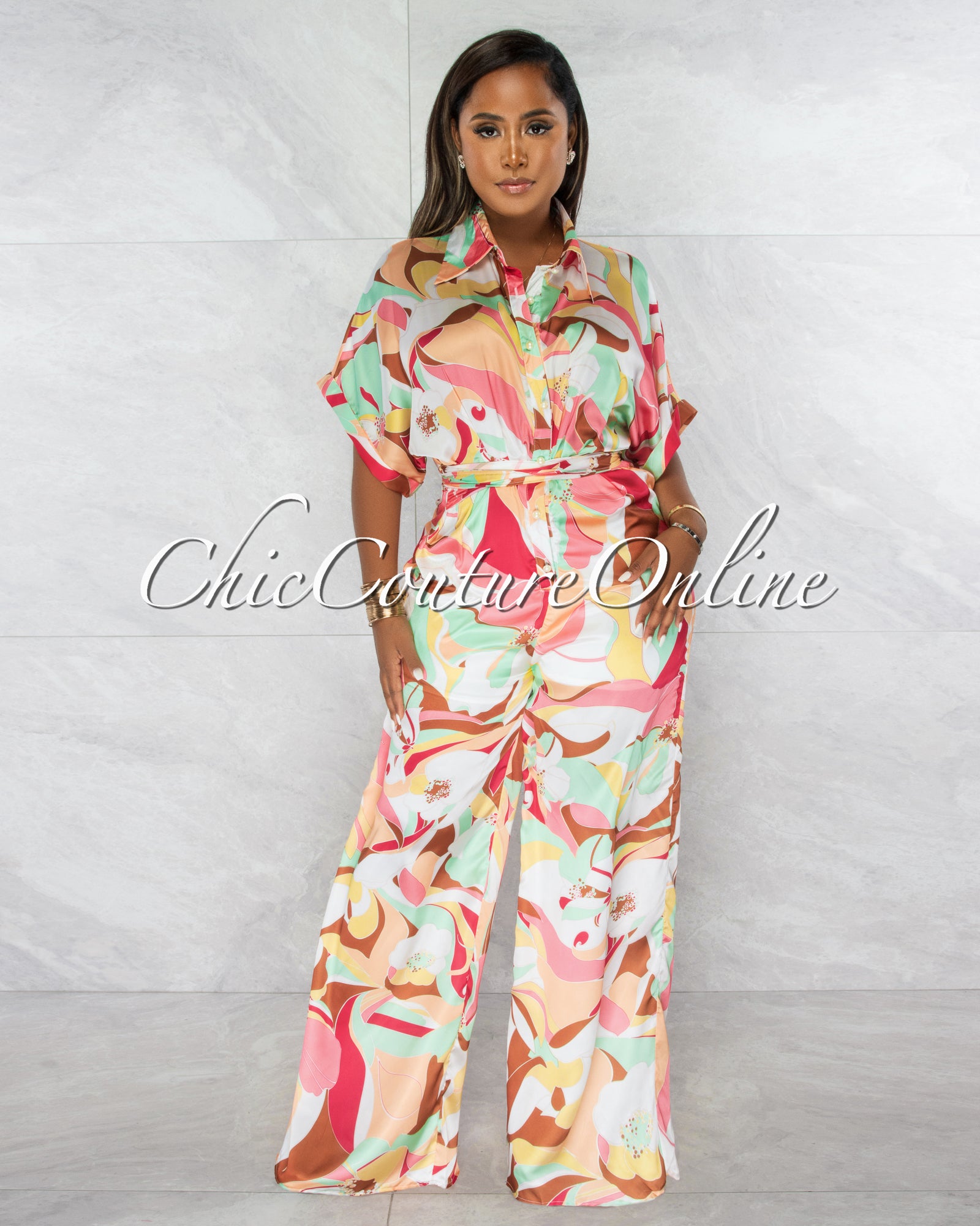 *Tanysa Salmon Floral Print Waist Tie Silky Jumpsuit