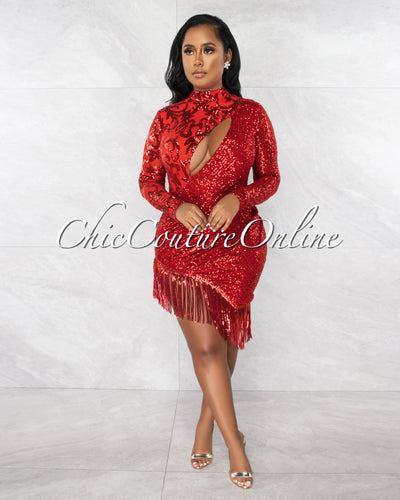 *Samantha Red Mesh Embroidered Sequins Asymmetrical Fringe Dress