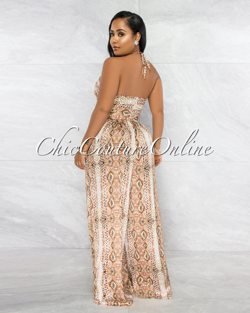 Gusty Brown Snake Print Lace-Up Satin Jumpsuit