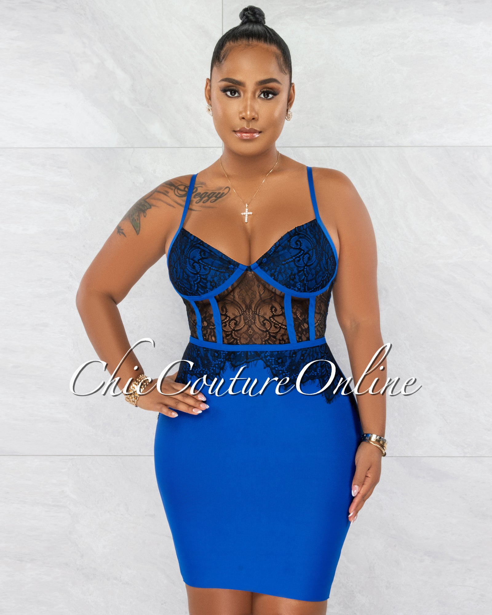 *Liccy Royal Blue Black Lace Bandage Dress