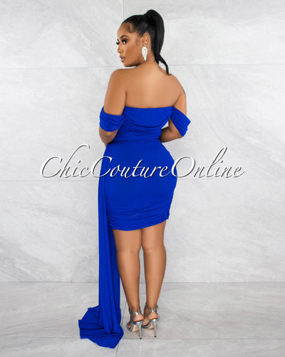 Cammy Royal Blue Ruched Mesh Off-The Shoulders Train Dress