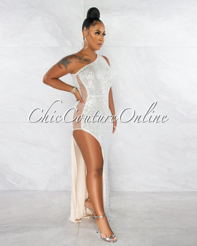 Trinity Nude Silver Sequins Pearl Mesh Side Maxi Dress
