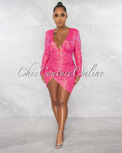 McKinley Neon Pink Sequins Ruched Bodysuit Dress