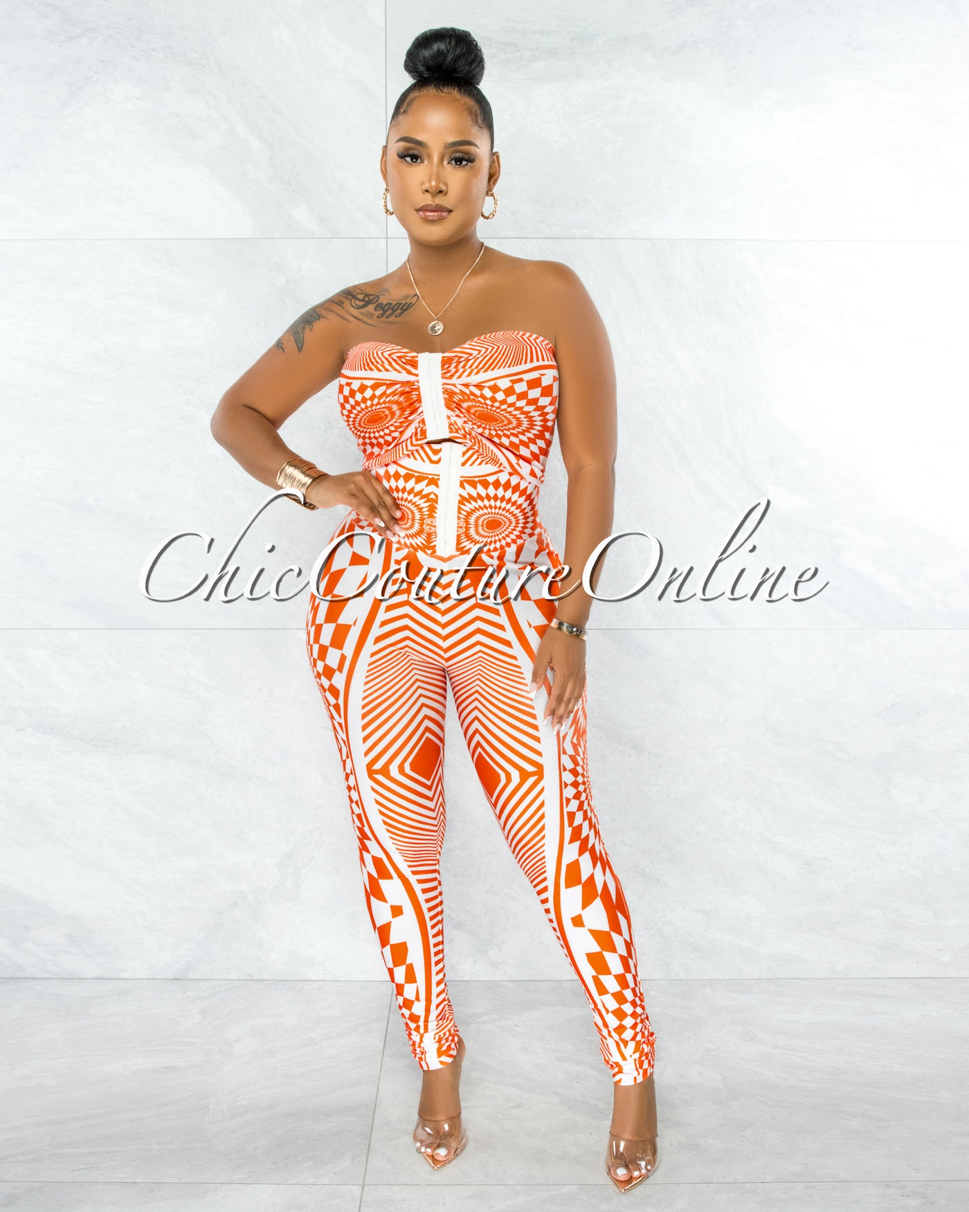 Lynna Orange White Crop Top & Corset Style Leggings Set