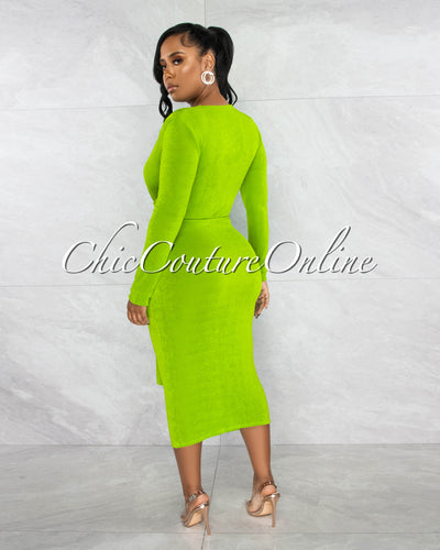 Inez Green Deep V Neckline Draped Midi Dress