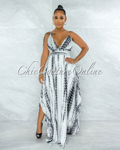 *Urika Black White Tie-Dye Halter Maxi Dress