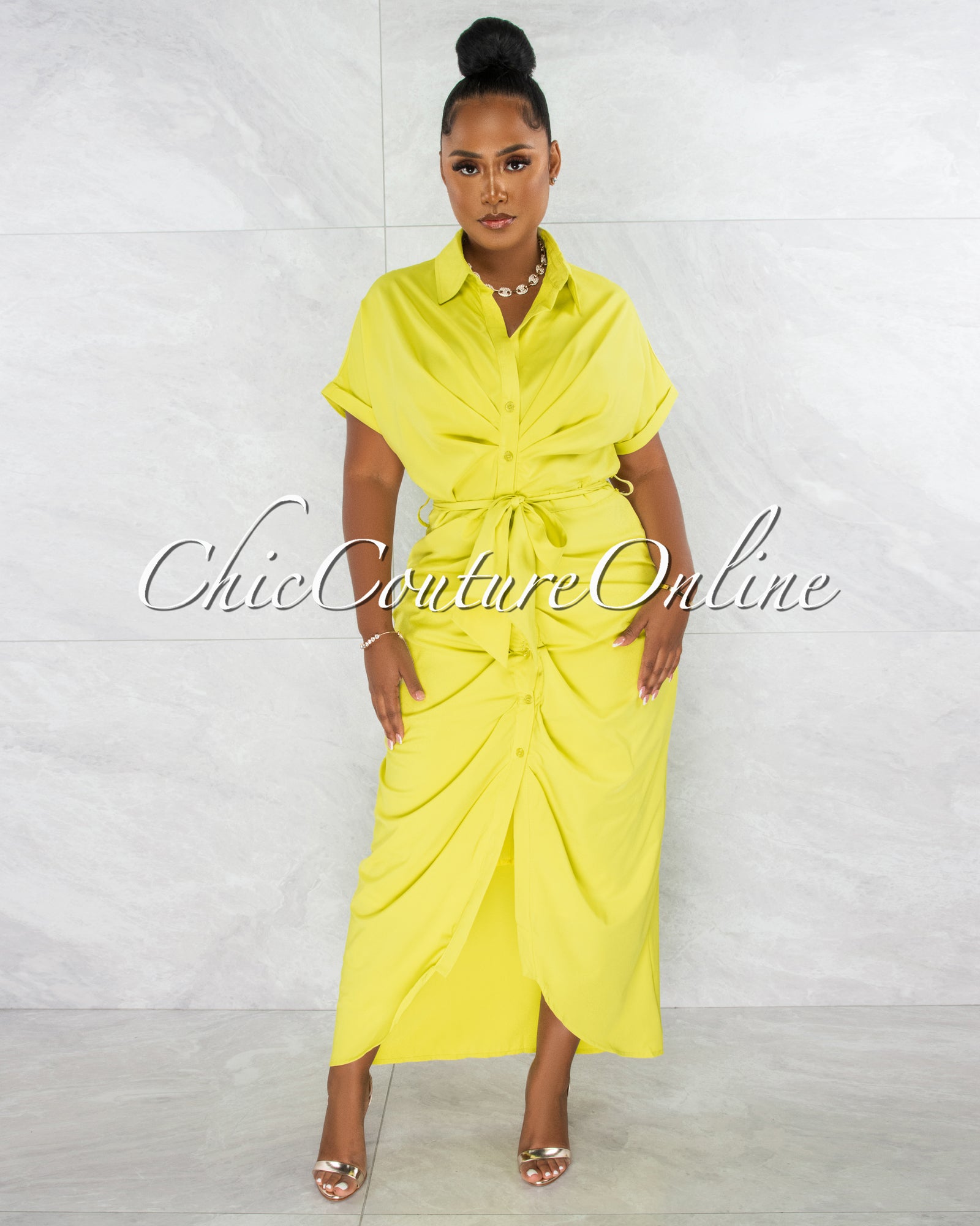 *Rodrigo Lime Green Draped Front Tie Shirt Maxi Dress