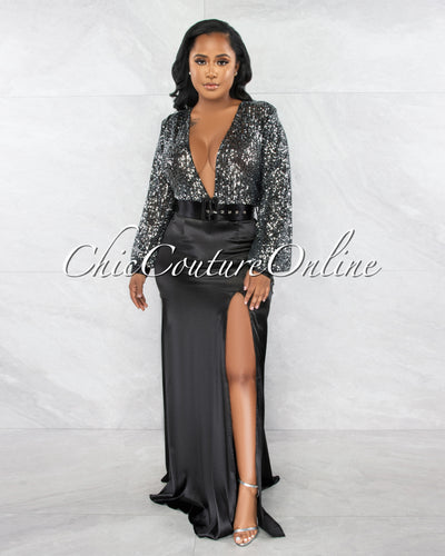 *Shayna Black Silver Sequins Top Silky Bottom Belt Maxi Dress