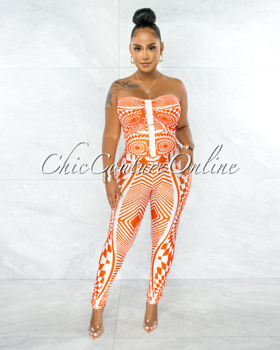 Lynna Orange White Crop Top & Corset Style Leggings Set