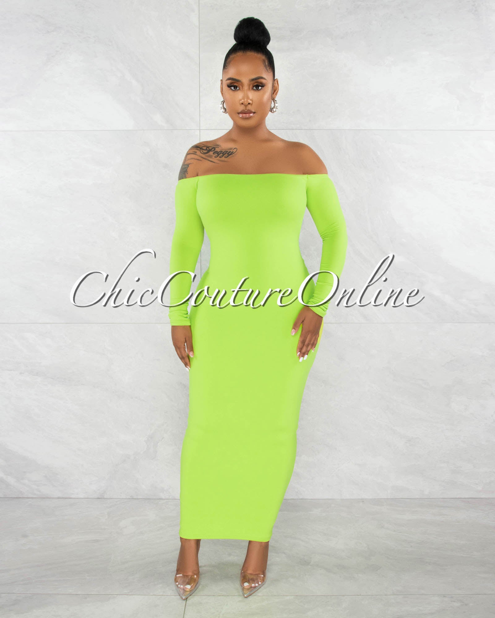 *Granada Lime Green Low Ruched Back Double Lined Maxi Dress