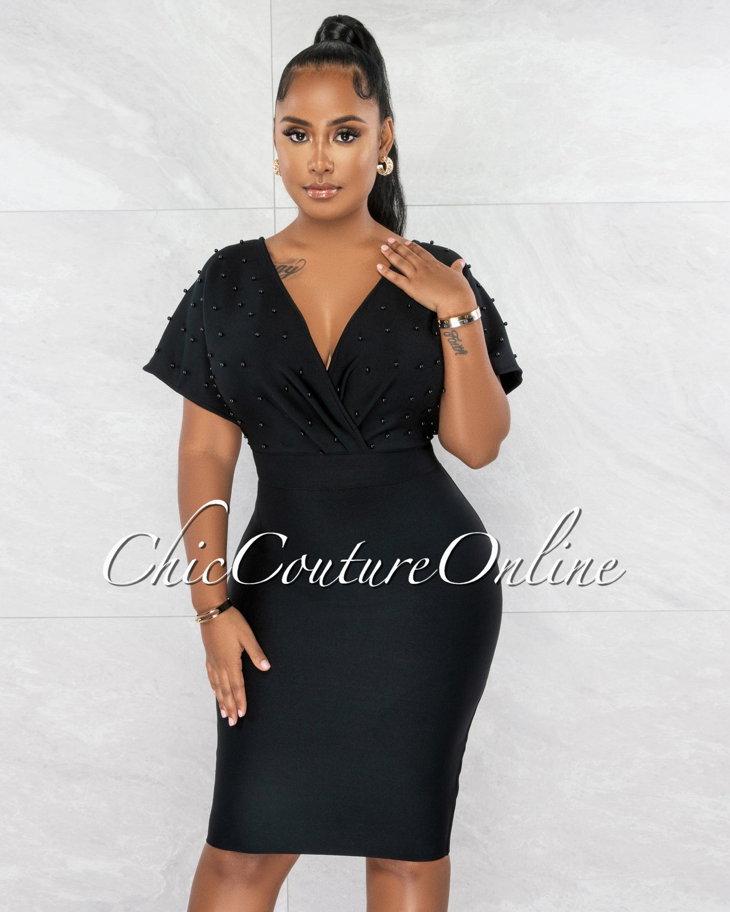 Bordan Black Pearl Top Bandage Midi Dress – Chic Couture Online