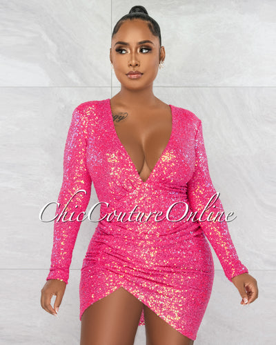 McKinley Neon Pink Sequins Ruched Bodysuit Dress