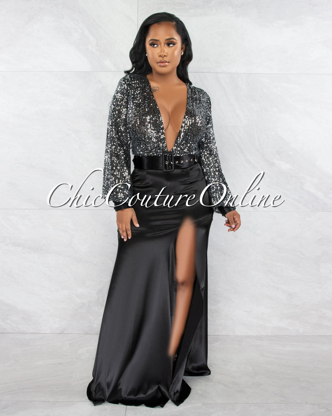 *Shayna Black Silver Sequins Top Silky Bottom Belt Maxi Dress