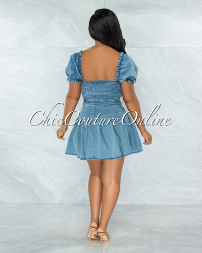 Marlina Light Denim Crop Top and Pleated Skirt Set