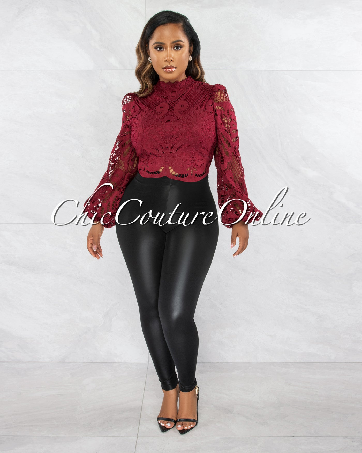 Naiser Wine Red Long Sleeves Crochet Crop Top