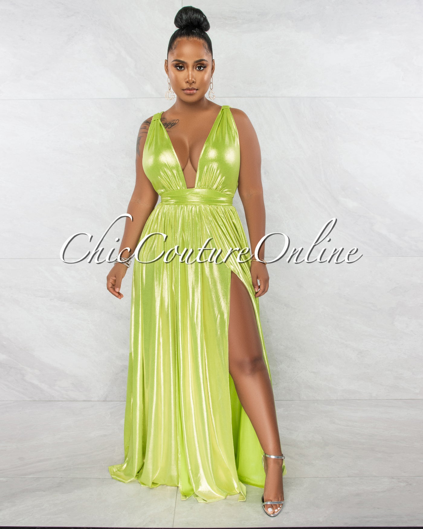 *Inna  Metallic Apple Green Goddess Maxi Dress