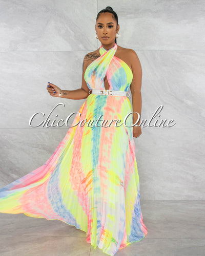 *Ethel Neon Rainbow White Belt Halter Pleated Maxi Dress