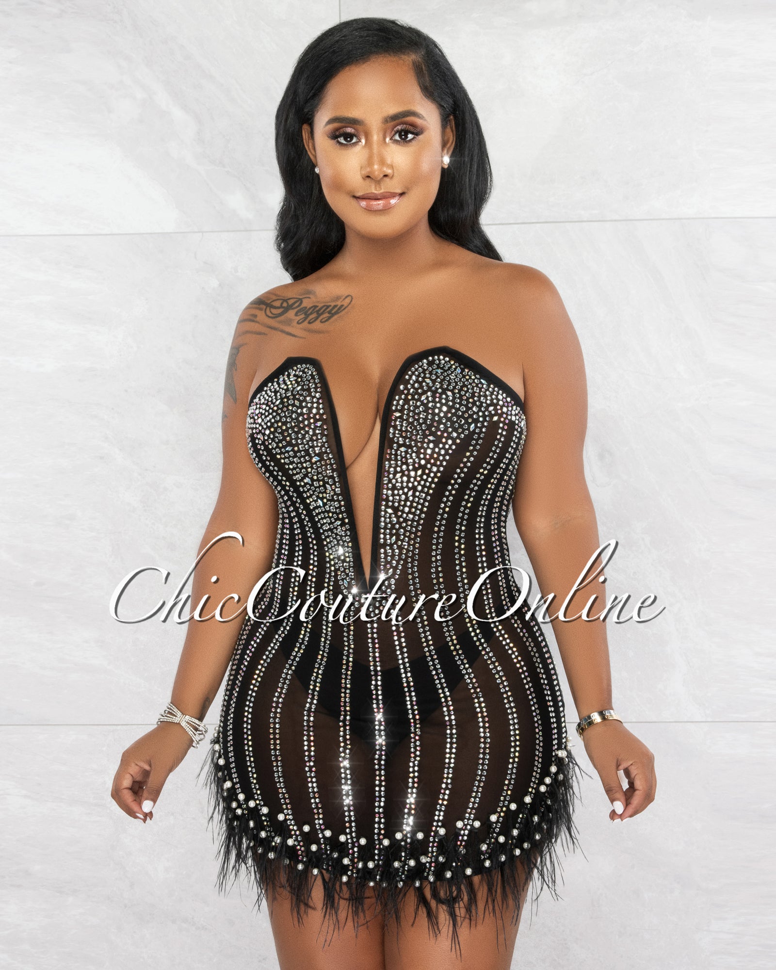 *Sebastian Black Rhinestones Pearls & Feathers Mesh Sheer Mini Dress