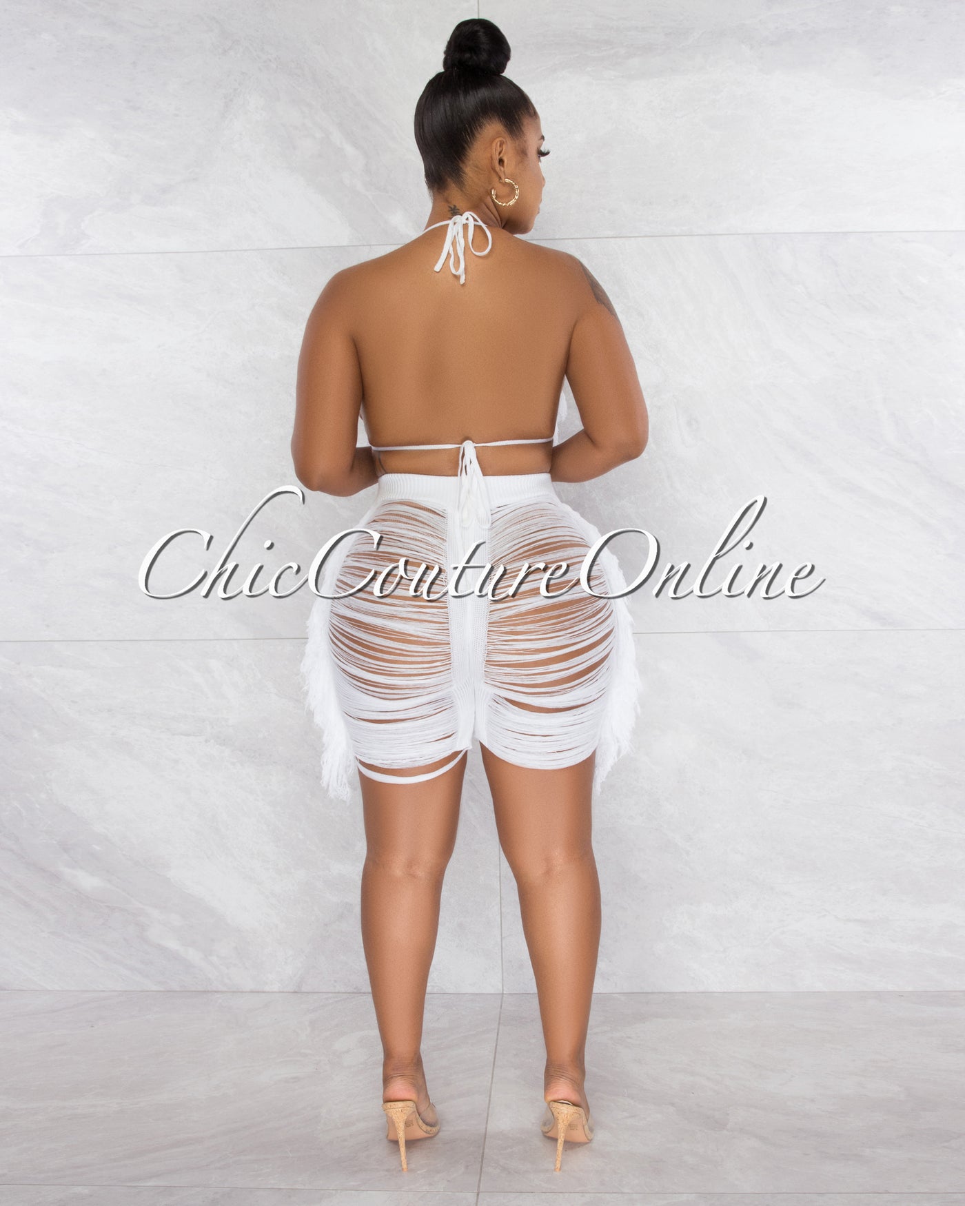 Columbia White Crochet Fringe Cover-Up Shorts Set