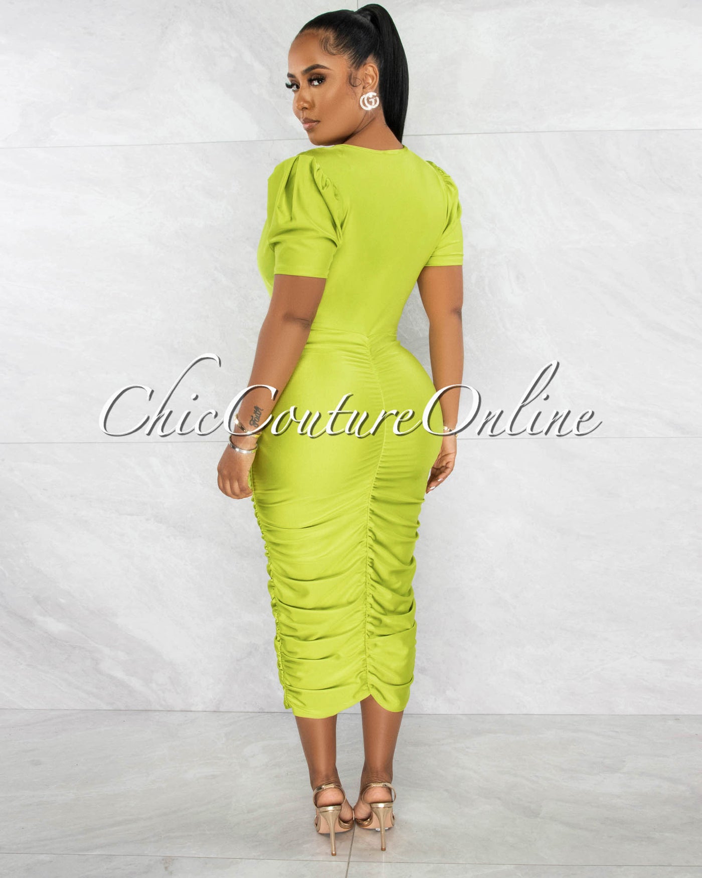 *Legna Apple Green Deep V-Neck Ruched Midi Dress
