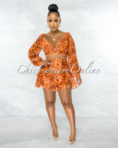 Cluny Orange Floral Print Crop Top & Ruffle Skirt Set