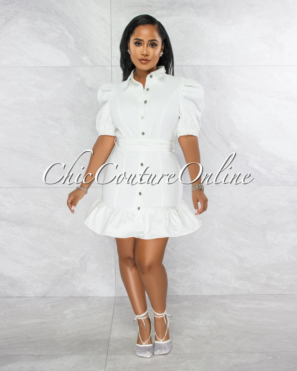Raven Off-White Denim Bubble Sleeves Ruffle Dress