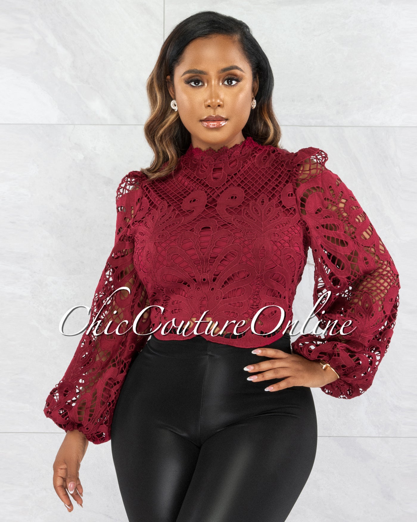 Naiser Wine Red Long Sleeves Crochet Crop Top