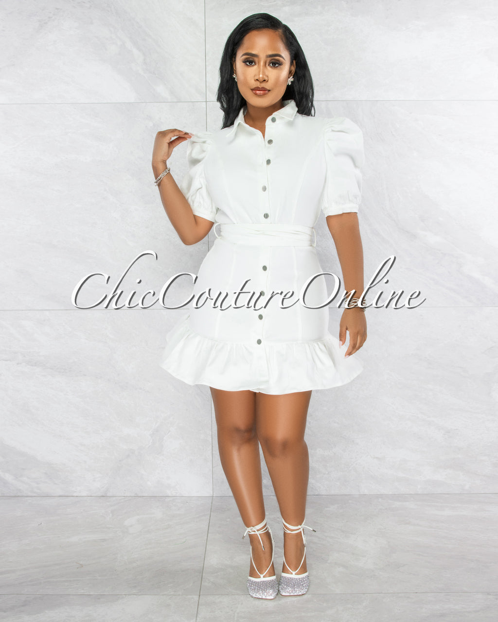 Raven Off-White Denim Bubble Sleeves Ruffle Dress