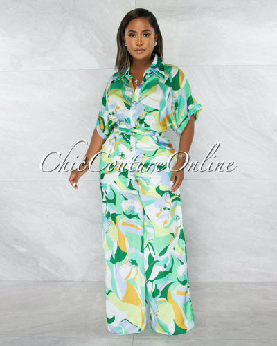 Tanysa Green Floral Print Waist Tie Silky Jumpsuit