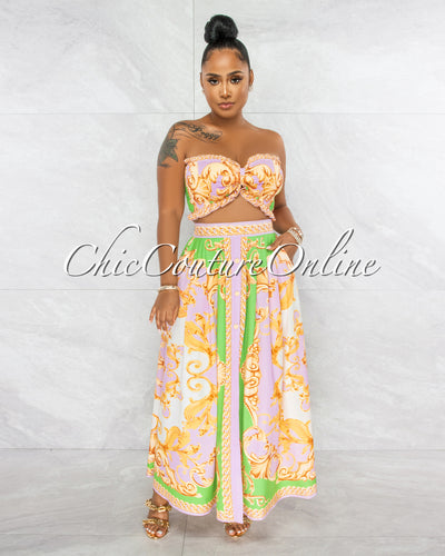 Ireta Green Lilac Gold Smocked Crop Top & Maxi Skirt Set