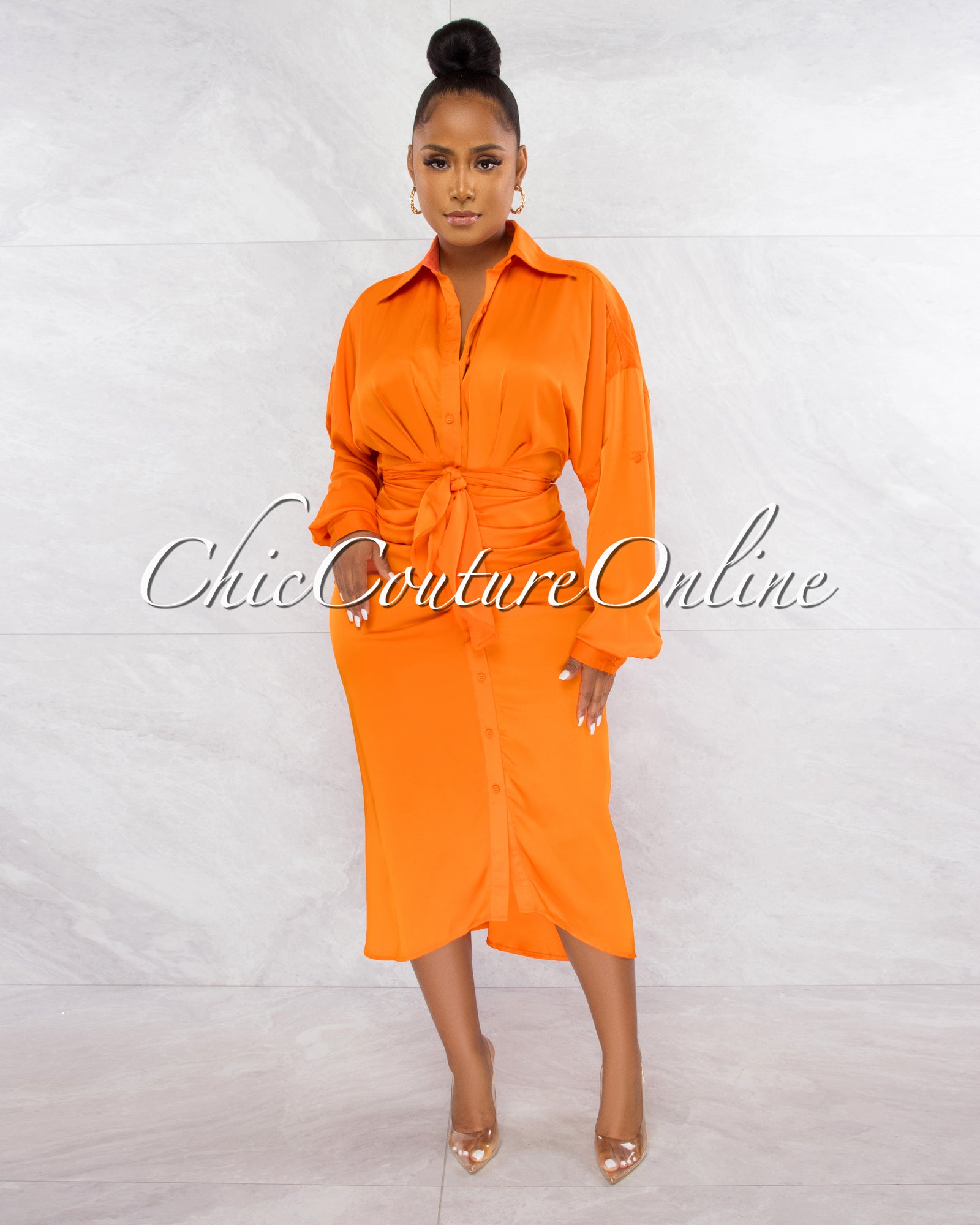 Waleta Orange Draped Front Tie Shirt Silky Maxi Dress