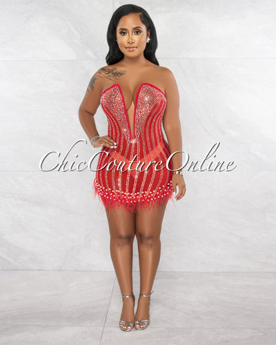 *Sebastian Red Rhinestones Pearls & Feathers Mesh Sheer Mini Dress