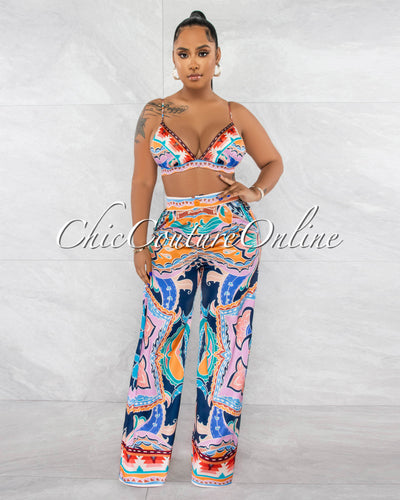 *Dreyna Multi-Color Print Crop Top & Pants Silky Set