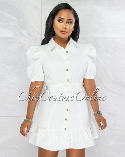 Raven Off-White Denim Bubble Sleeves Ruffle Dress
