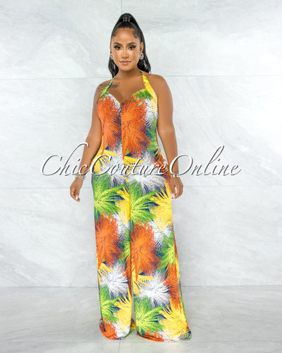 *Karida Multi-Color Print Halter Wide Legs Jumpsuit